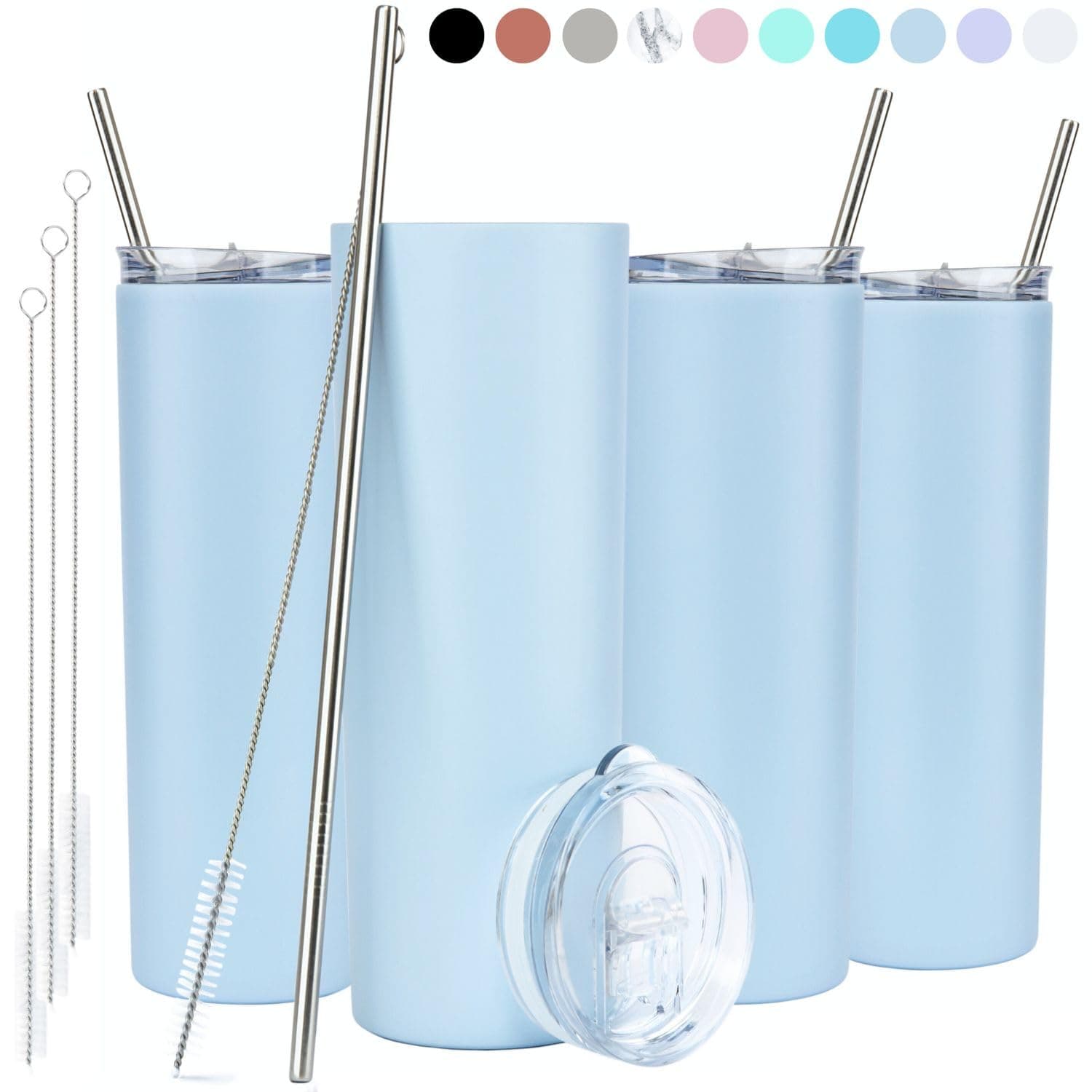 STRATA CUPS Periwinkle Skinny Tumbler with Lid and Straw (4 Pack) - 20 Oz Double Wall Insulated Stainless Steel Slim Tumbler with Straw Cleaner, Reusable Metal Tumbler for Hot and Cold Drinks