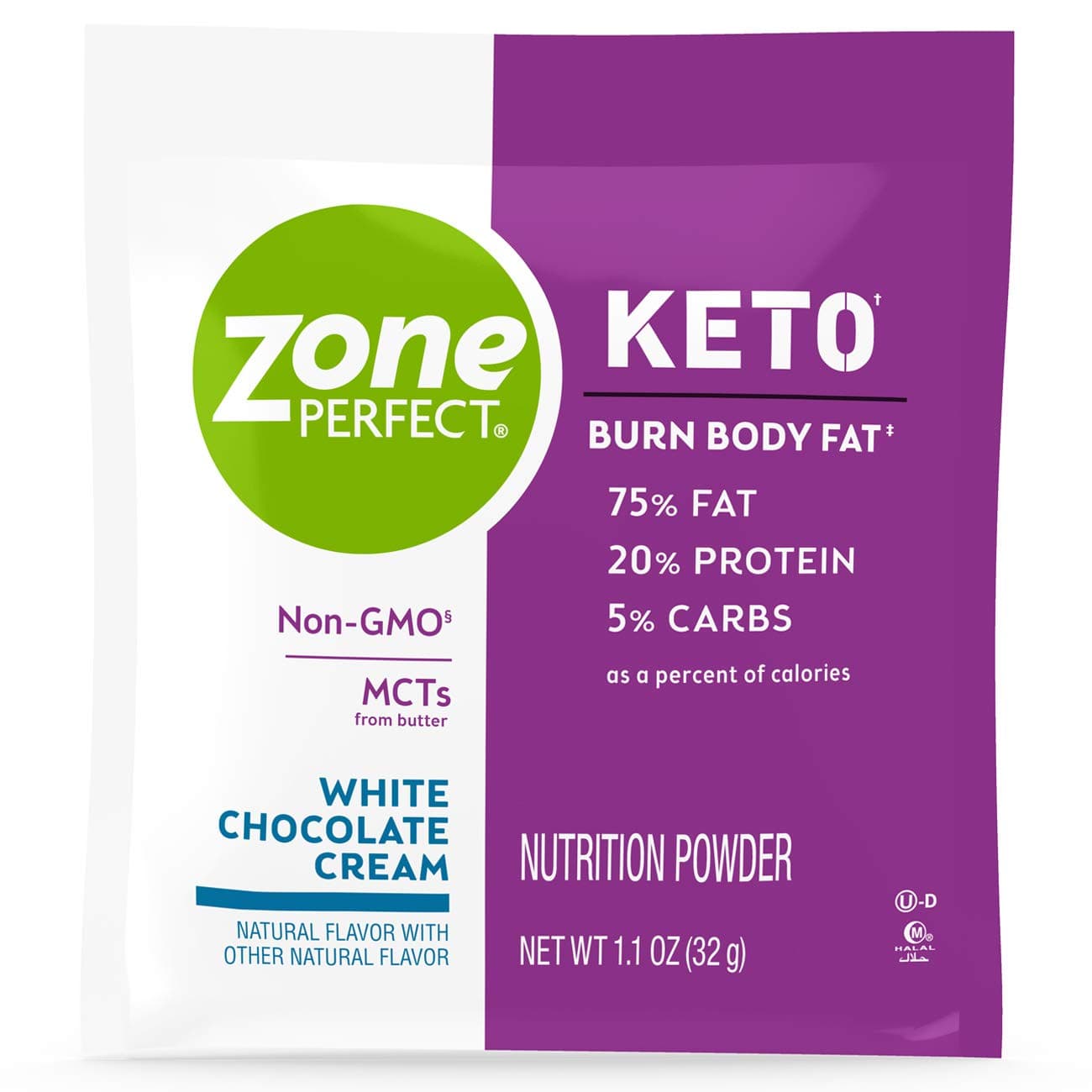 ZonePerfect Keto Powder, True Keto Macros to Burn Body Fat, Made with MCTs, White Chocolate Cream, 1.12 oz, 20 Count