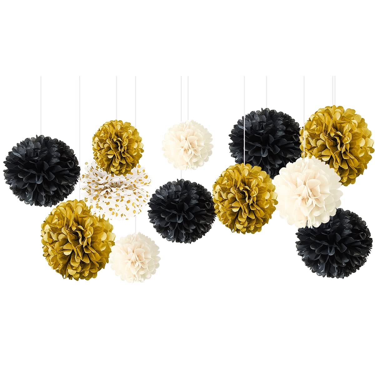 NICROLANDEE Black Gold New Years Party Decorations - 12 PCS Black Gold and White Tissue Paper Pom Poms for Wedding Décor, Birthday Graduation, Anniversary Party, Prom Decorations, Gatsby Decorations