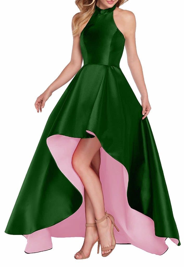 Halter Stain Prom Dresses High Low Evening Dress with Pockets Sleeveless A-Line Bridesmaid Dress for Women