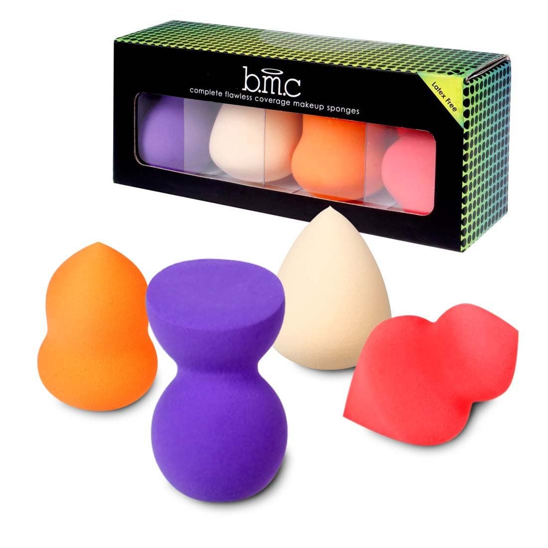 BMC 4pc Pro Cosmetic Foundation Puff Blender Teardrop Hourglass Spade Sculptor Set - Complete Flawless Coverage Makeup Sponges