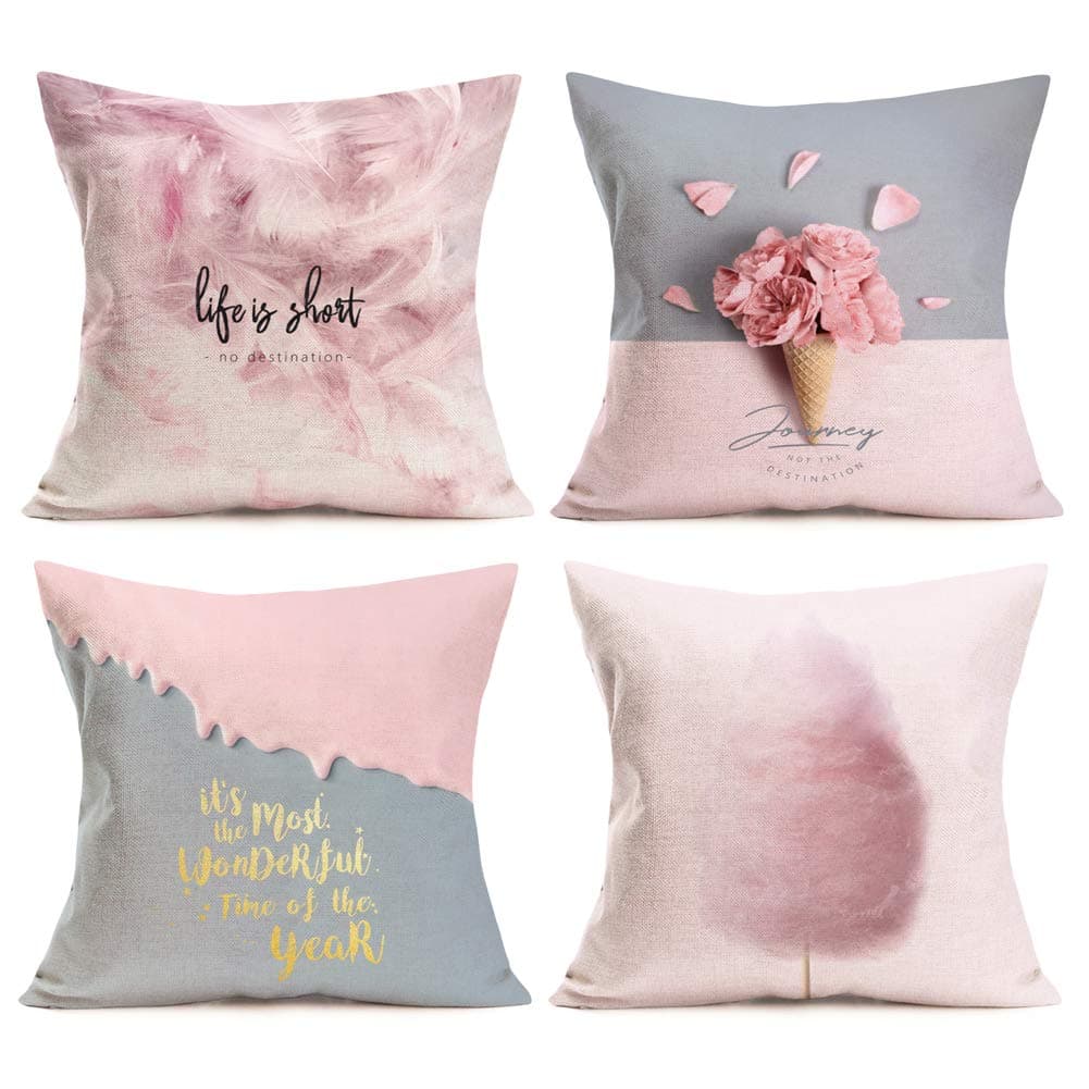 4 Pack Lovely Girly Pink Series Throw Pillow Covers Cotton Linen Pink Feather Marshmallow Ice-Cream Rose with Warm Letters Home Decor Pillowcase Cushion Cover for Girls Womens 18x18 Inch