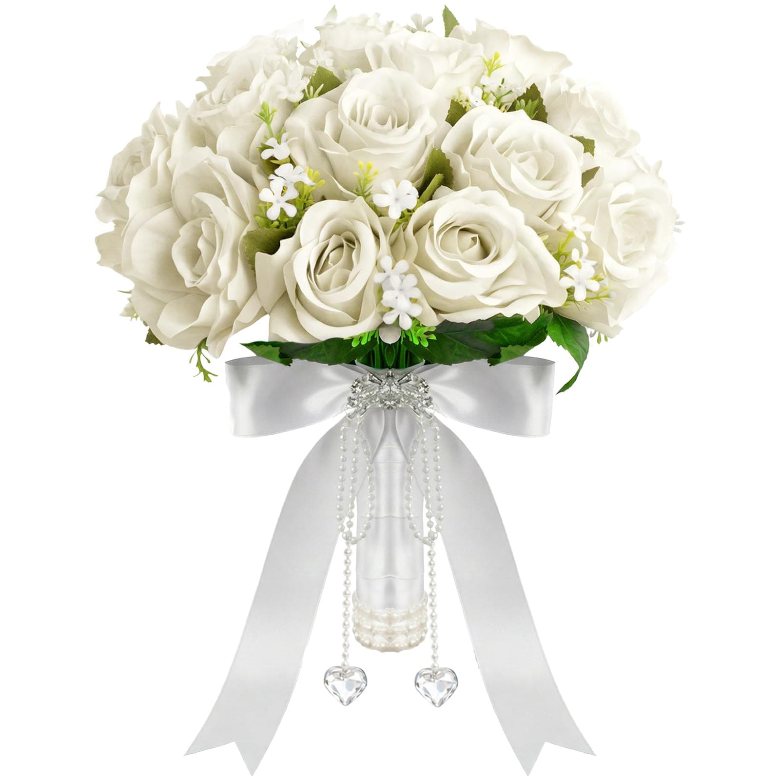 Wowagoga 12 Inch Wedding Bouquet with Pearl Crystals Ribbons,Artificial Rose Flower for Bride Bridesmaids Artificial Fake Flowers Fake Flowers Toss Bouquet for Wedding Party Church(White)