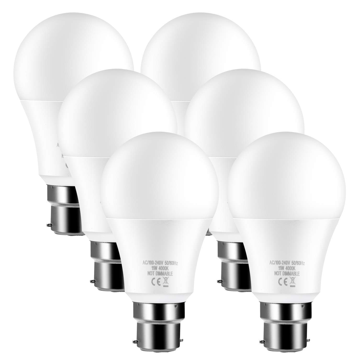 LED B22 Bayonet 100W Equivalent Light Bulbs, 4000K Cool White, 100W Incandescent Bulbs Replacement, 11W A60 GLS Frosted BC Bulbs, Super Bright, Non-Dimmable, Energy Saving Light Bulbs, 6-Pack