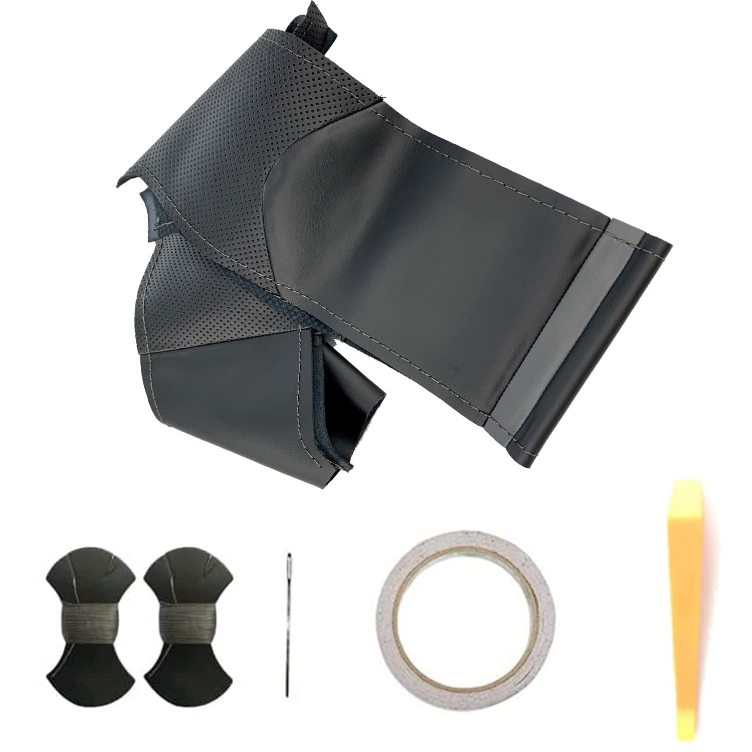 Hand-Sewing Steering Wheel Wrap Cover Black Perforated Leather/Grey Marker Strip Wrap Interior Protection Accessories for Chevrolet Silverado 1500 2019-2021 2500HD 3500HD/ Chevy Suburban 2020-2022