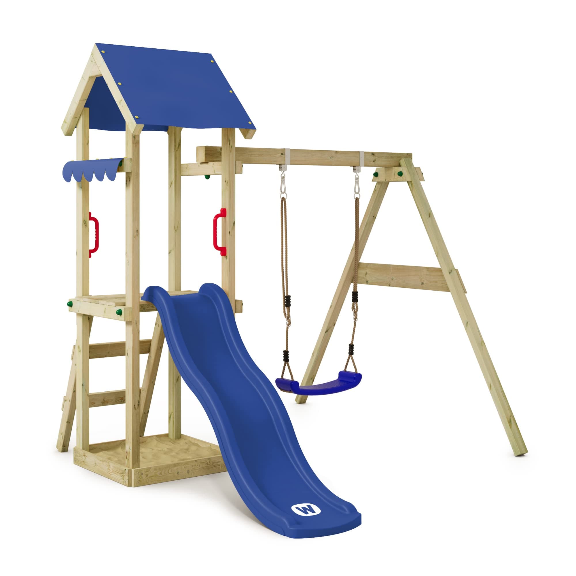 WICKEY Wooden climbing frame TinyWave with swing and blue slide, Outdoor kids playhouse with sandpit, climbing ladder & play-accessories for the garden