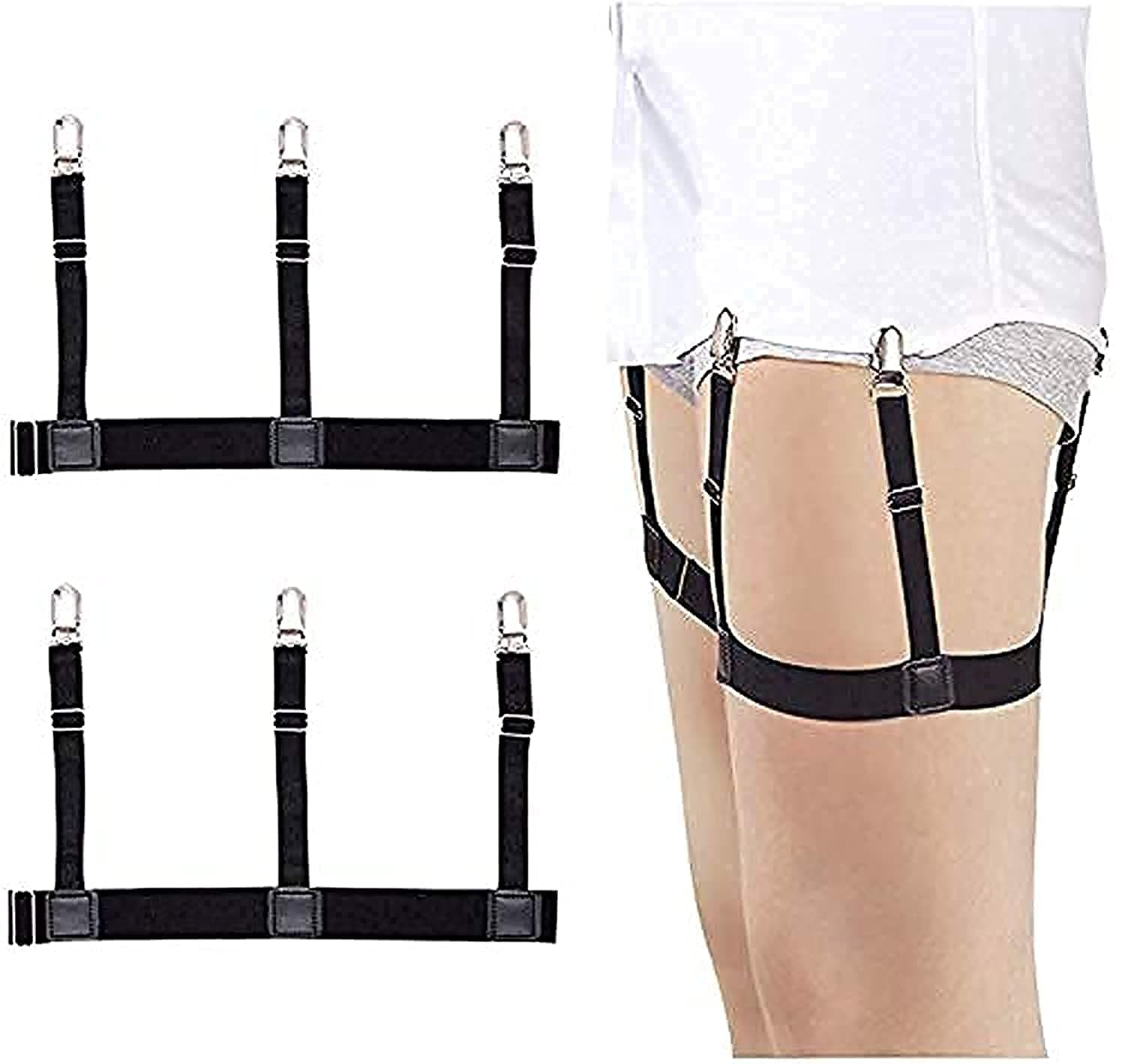 1 Pair Men's Shirt Stays, Adjustable Elastic Shirt Garters Suspenders with Locking, Non-Slip Clips