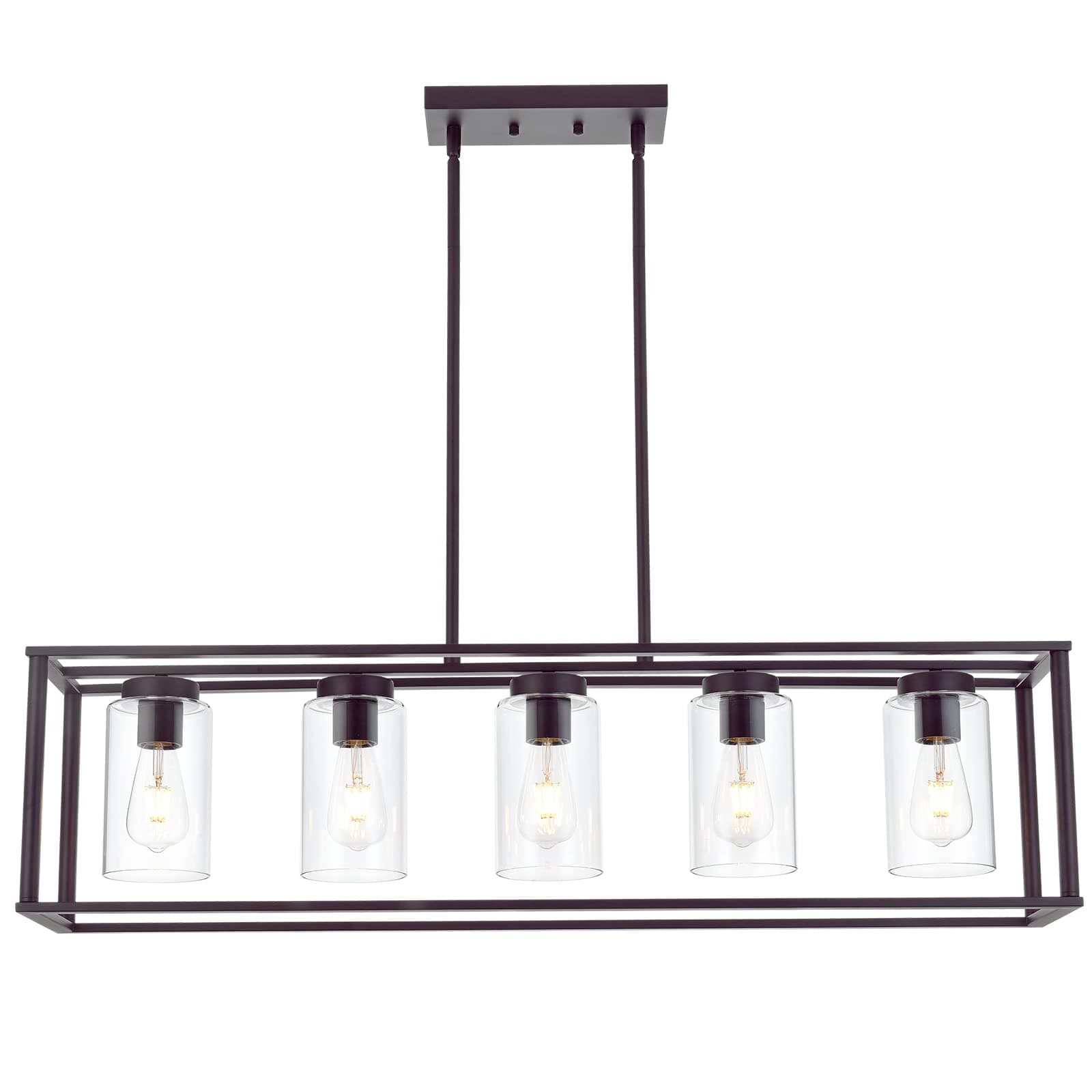 VINLUZ 5-Light Kitchen Island Chandeliers Oil Rubbed Bronze Modern Linear Cage Pendant Lighting with Clear Glass Shades Farmhouse Ceiling Light Fixtures Hanging for Dining Room Living Room