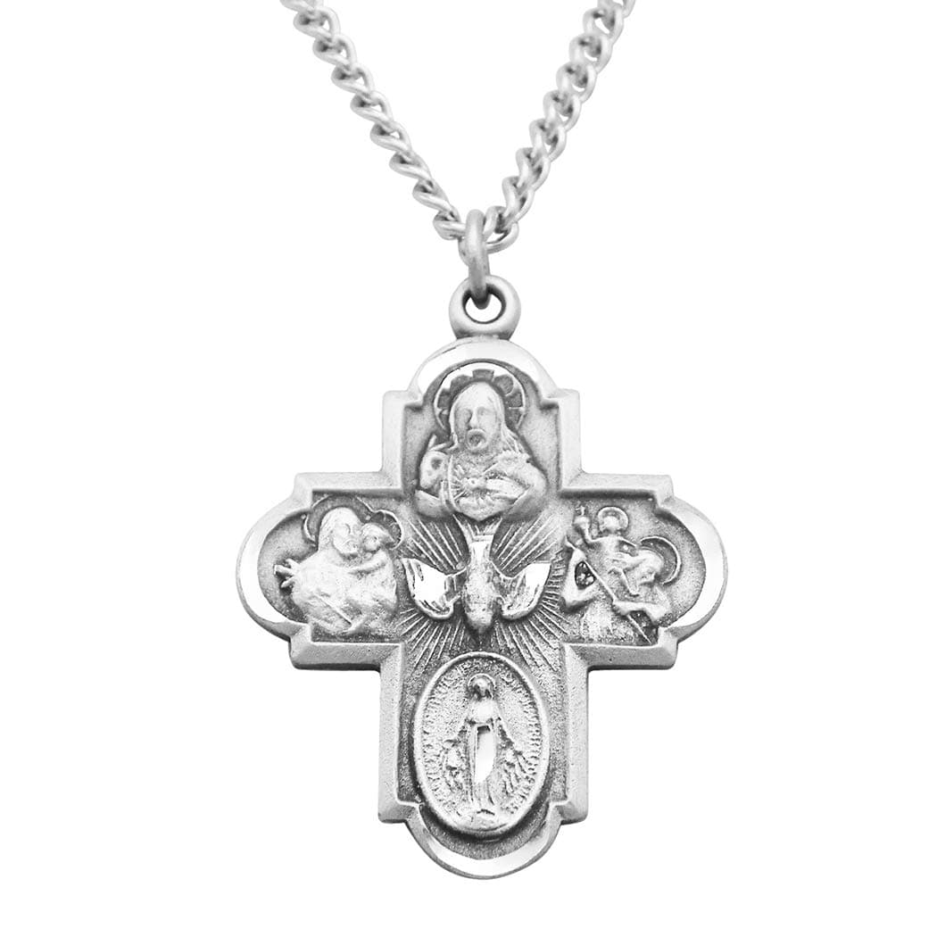 Religious Gift Traditional Catholic Four Way Cross Medal Pendant Necklace 24"