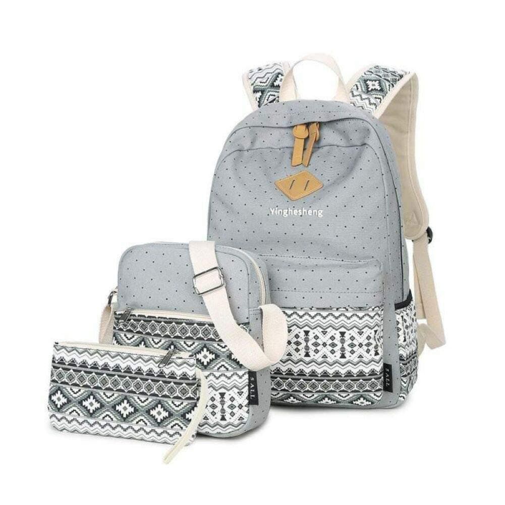 3 Piece Set Fashion Ladies Canvas Large School Backpack + Shoulder Bag + Pencil Case,Gray