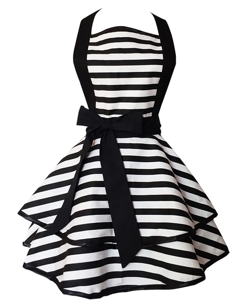 1950's Style Vintage Retro Black Striped Double Layer Cooking Pinafore Apron