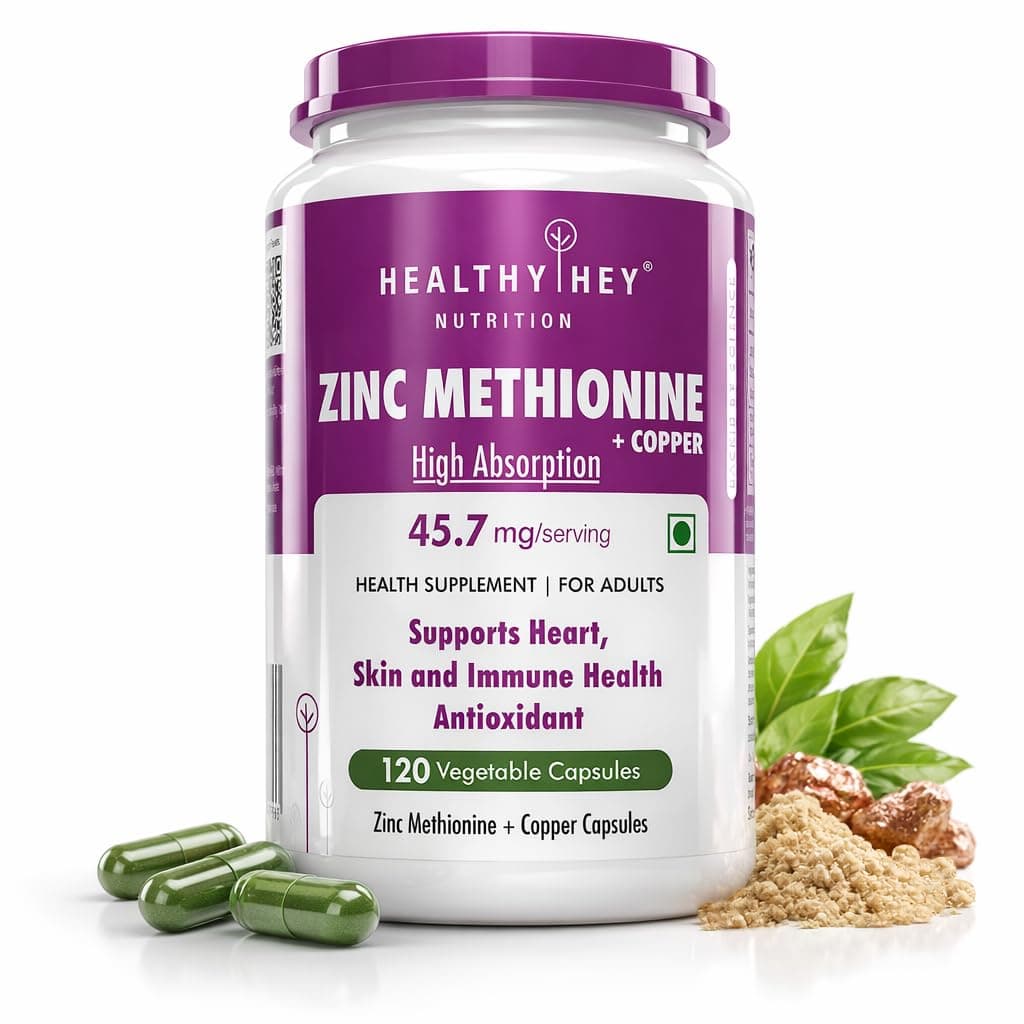Healthyhey Nutrition Zinc Methionine Plus Copper, Supports Immune and Antioxidant Protection - 120 Veg Capsules