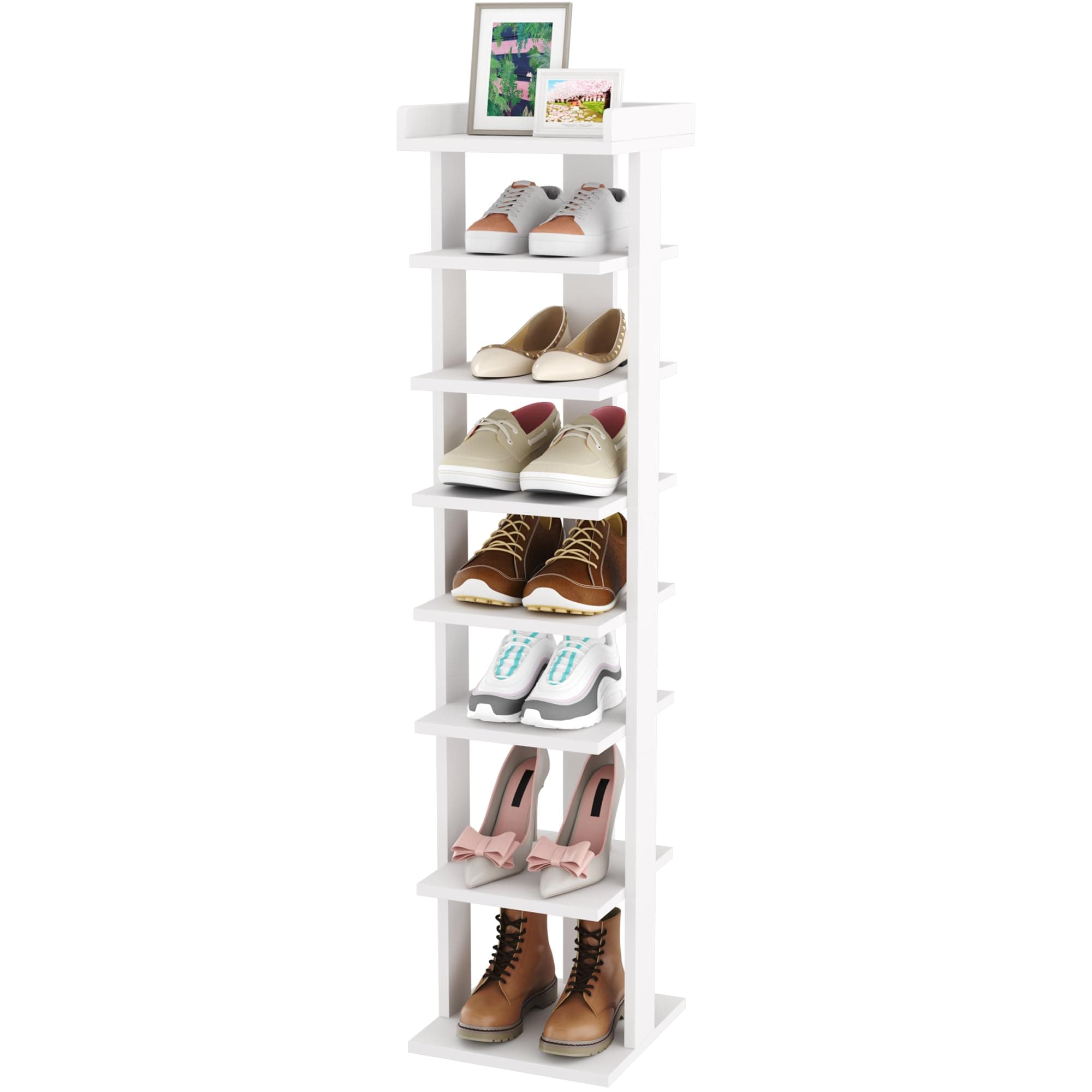 HOMEFORT 7-Tier Wood Shoe Rack, Entryway Shoe Tower,Vertical Shoe Organizer, Wooden Shoe Storage Stand, White