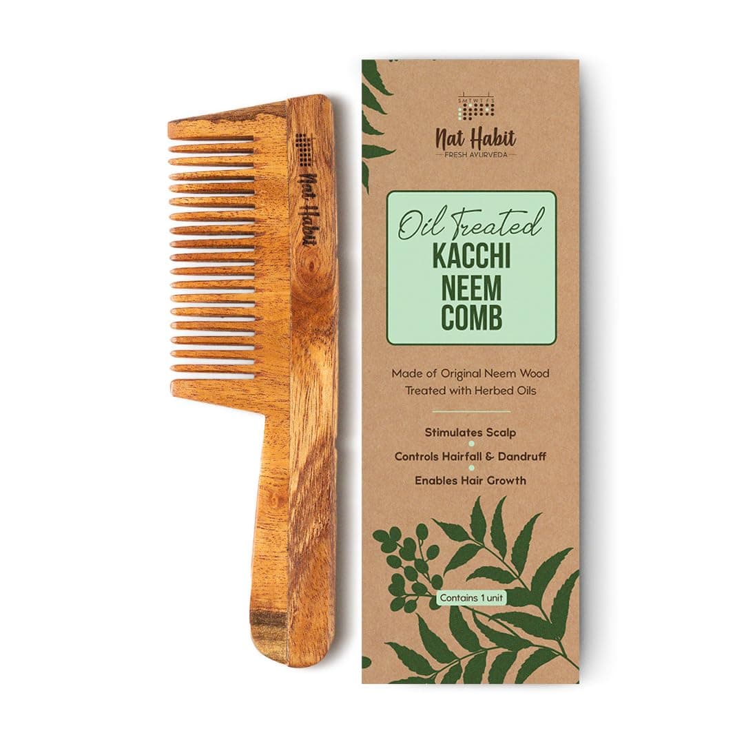 Nat Habit Kacchi Neem Wooden Comb, Soaked In 13 Herbs Neem & Sesame Oil For Multi-Actions - Detangling, Frizz Control & Shine, Suited for All Hair Types (Fine Tooth)