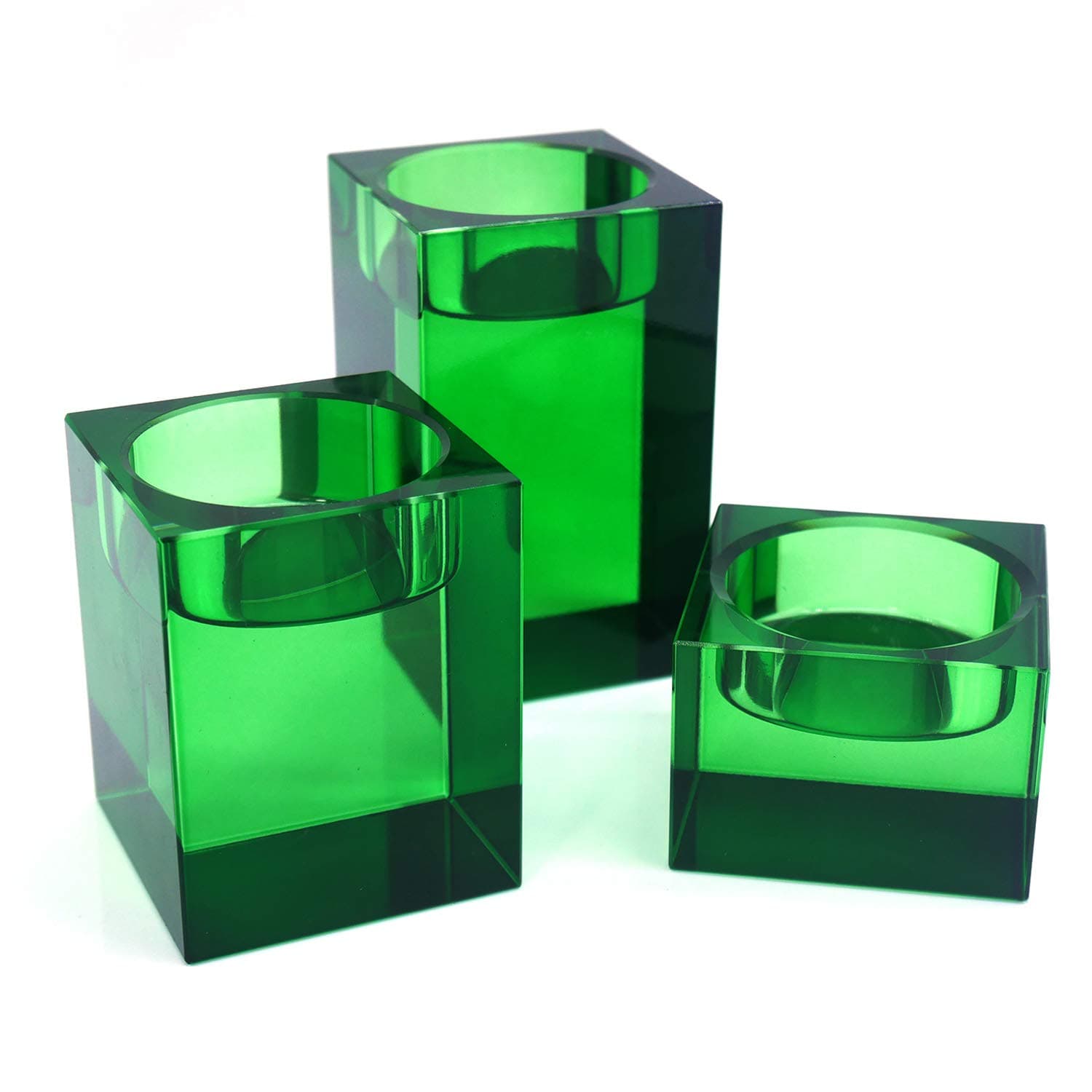 PuTwo Tealight Candle Holder 3 Pcs Vintage Crystal Candle Holder Square Candle Stand Decoration for Home Decor Votive Candle Holder Ideal for Birthday Wedding Ceremony Party - Emerald Green