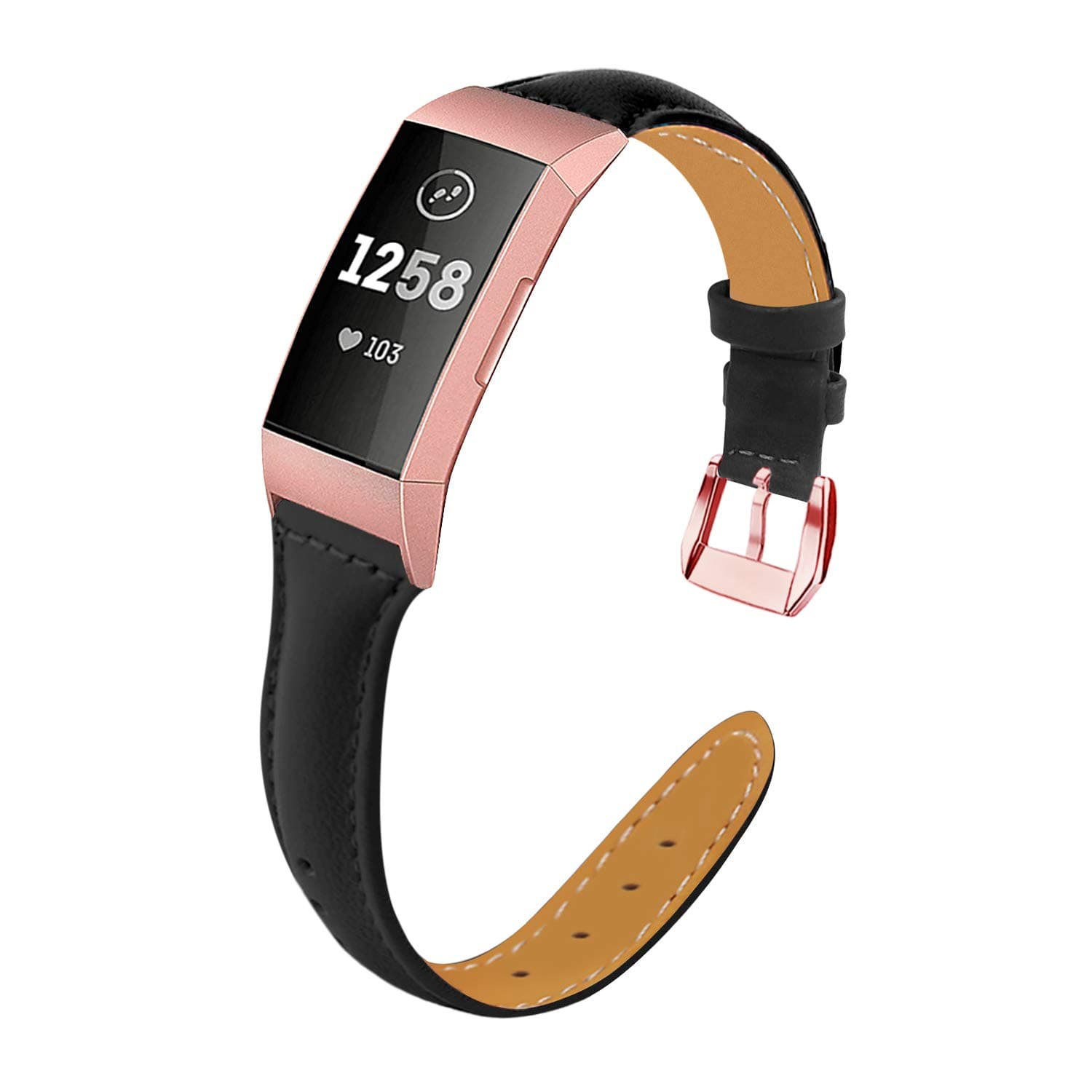 Strap Compatible Fitbit Charge 3, Genuine Leather Replacement Fitness Accessories Stainless Metal Clasp Smartwatch Wristband Women Men, Floral, Shiny, Classic