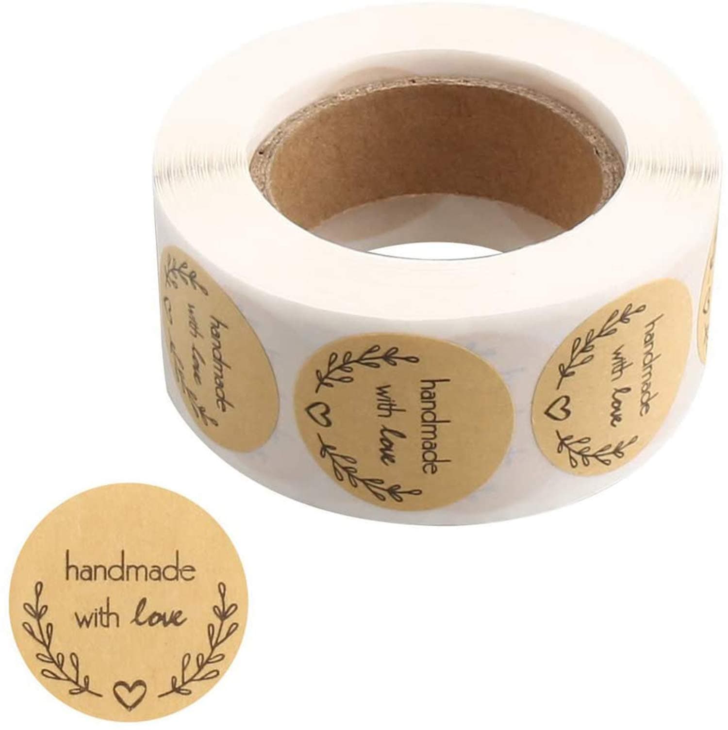 Beibi Handmade Stickers, 500 Pcs Round Kraft Stickers With Love for Home Baking, Gift Decor, Wedding, Thanksgiving - Labels for Gift Bags