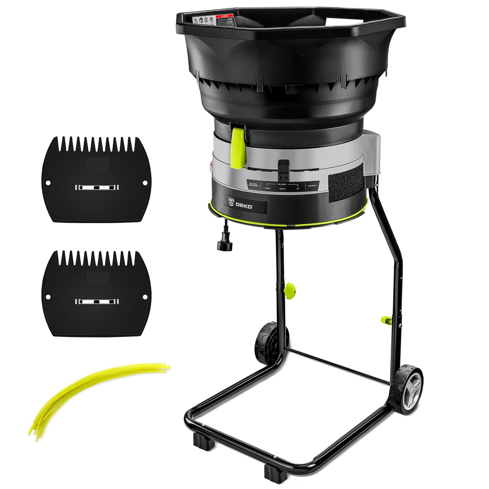 Electric Leaf Mulcher/Shredder: DEKOPRO 15-Amp 8200RPM Motor for 17:1 Reduction Ratio, Adjustable Control Dia with Leaf Scoops Spade and 20 Cutting Lines