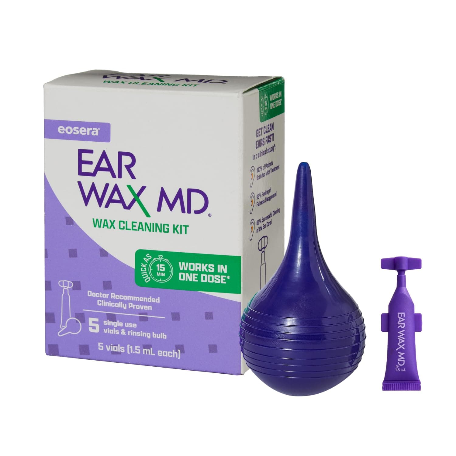 eosera Ear Wax MD Cleaning Kit - Fast-Acting Ear Wax Dissolving Drops & Rinse Bulb Syringe - Doctor Recommended, Clinically Proven Earwax Dissolver for Adults & Kids - Works in 15 Minutes - 5 Vials