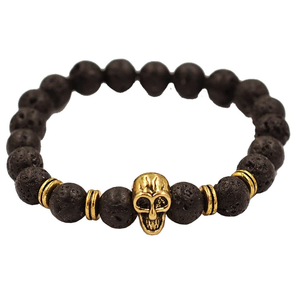 Liuanan Lava Rock Natural Stone Skull Beaded Cuff Bracelet