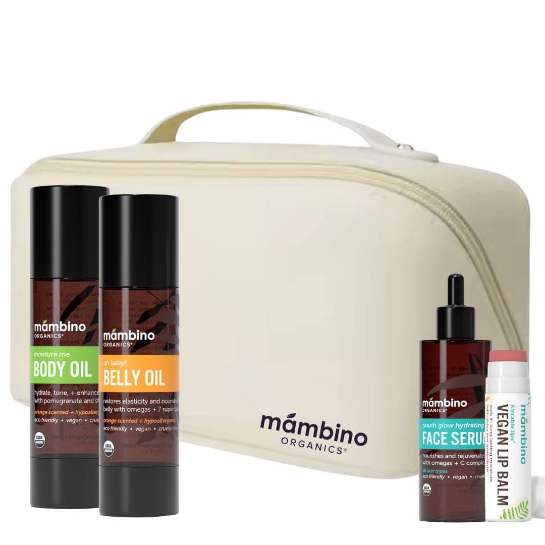 Mambino Organics Bun in the Oven Kit - Pregnancy Skin Care Set with Body Oil, Belly Oil, Lip Balm & Face Serum - Maternity Essentials, Pregnancy Must-Haves - 5 Piece Set + Free Bag