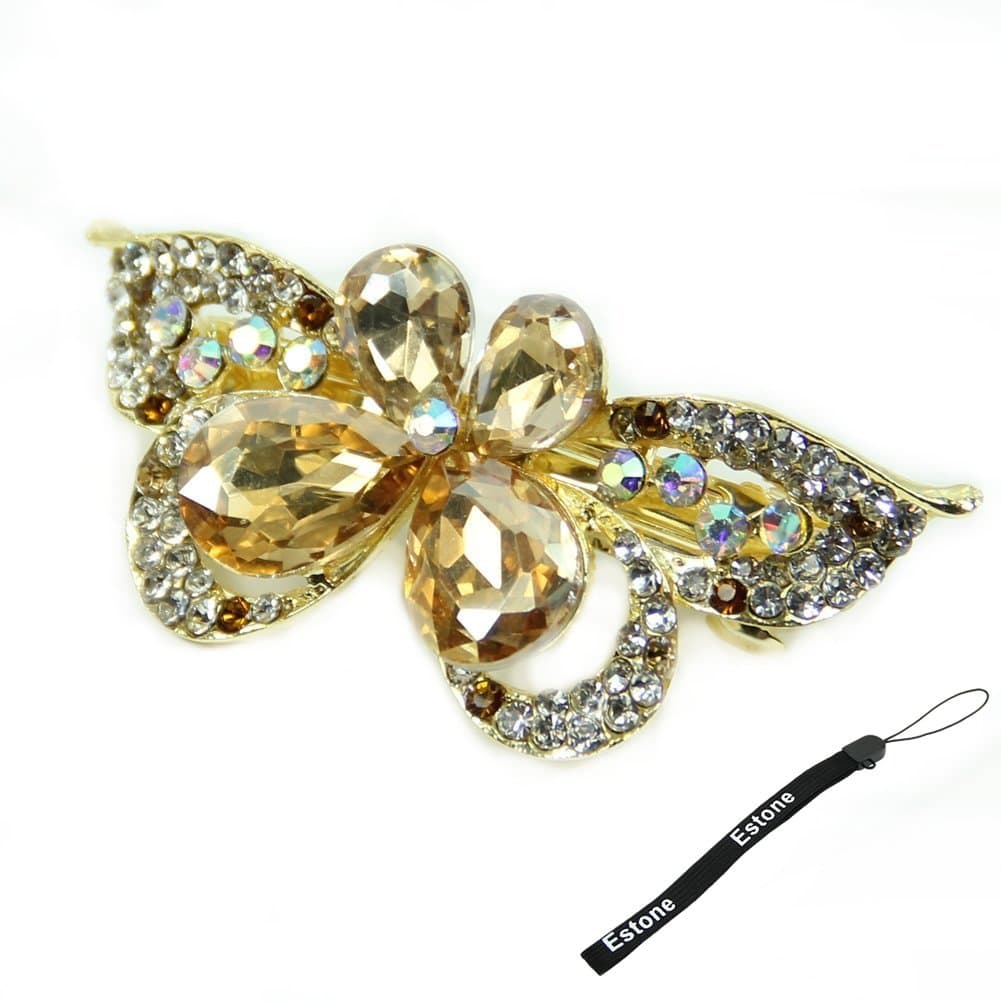 Estone New Fashion Women Lady Girl Rhinestone Barrette Butterfly Hair Accessory (Gold)