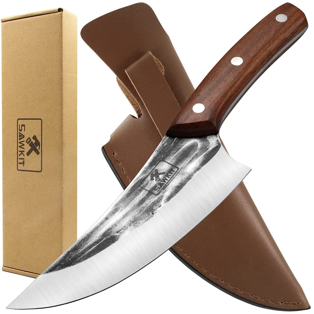 sawkit Boning Knife,Meat Cleaver Knife Hand Forged Boning Knife Chef's knife er Knives High Carbon Steel Fillet Knife Vegetable Chef Knives with Leather Sheath for Kitchen, Camping, BBQ