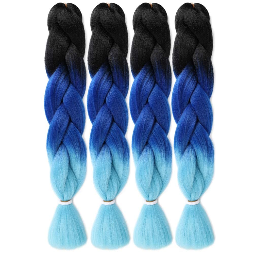4Pcs/Lot Kanekalon Braiding Hair Ombre Blue Jumbo Braiding Hair Extensions Synthetic Crochet Braids Hair 24Inch 3Tone Twist Braid Hair (100g/Pcs)