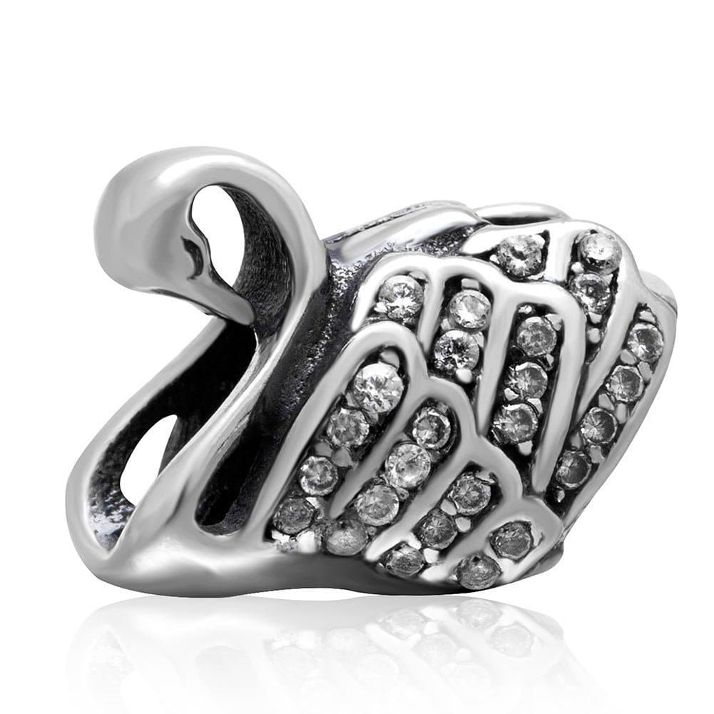 Fairy Swan Charm with Crystal 925 Sterling Silver Animal Bead Pet Charm for DIY Charms Charms Bracelet (B)