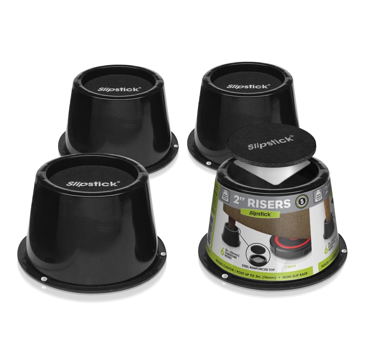 Slipstick CB674 Premium 2 Inch Furniture Risers/Bed Raisers with Steel Reinforced Top (4 Pack) Adds 2" Height, Supports 2,640 Pounds, Stackable with CB671