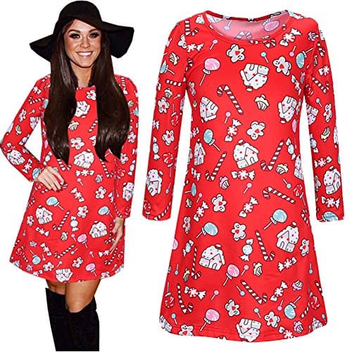 Kalin L Women Christmas Sparkly Candy Cane Print Cotton Swing Dresses