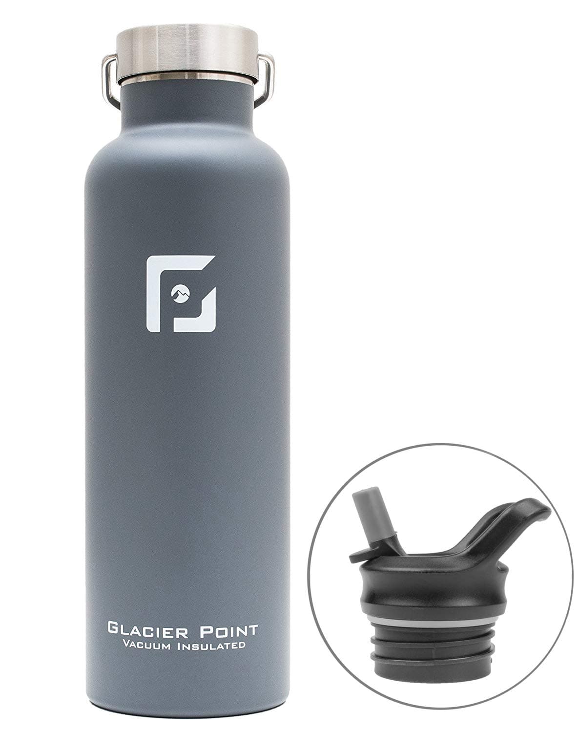 Glacier Point Vacuum Insulated Stainless Steel Water Bottle 25oz|17oz Double Walled Construction Premium Powder Coat Two Lids (Gray, 17 OZ)