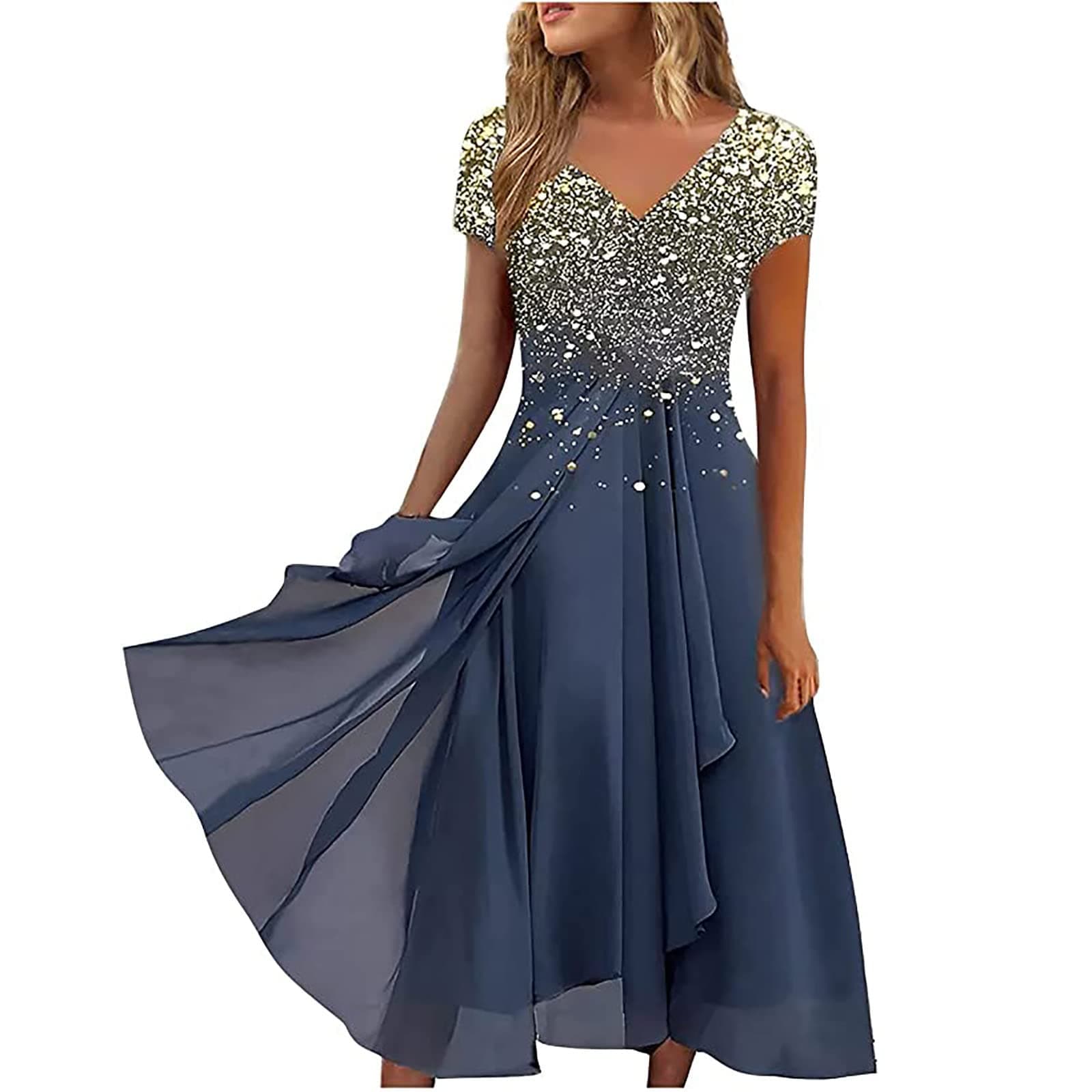 AMhomelyWomens Elegant Dress Sequin Short Sleeve V Neck Swing Dress A Line Flare Dress Skater Dress Summer Floral Printing Dress Pleated Flowy Dresses Mother of The Bride Dress Skater Dress