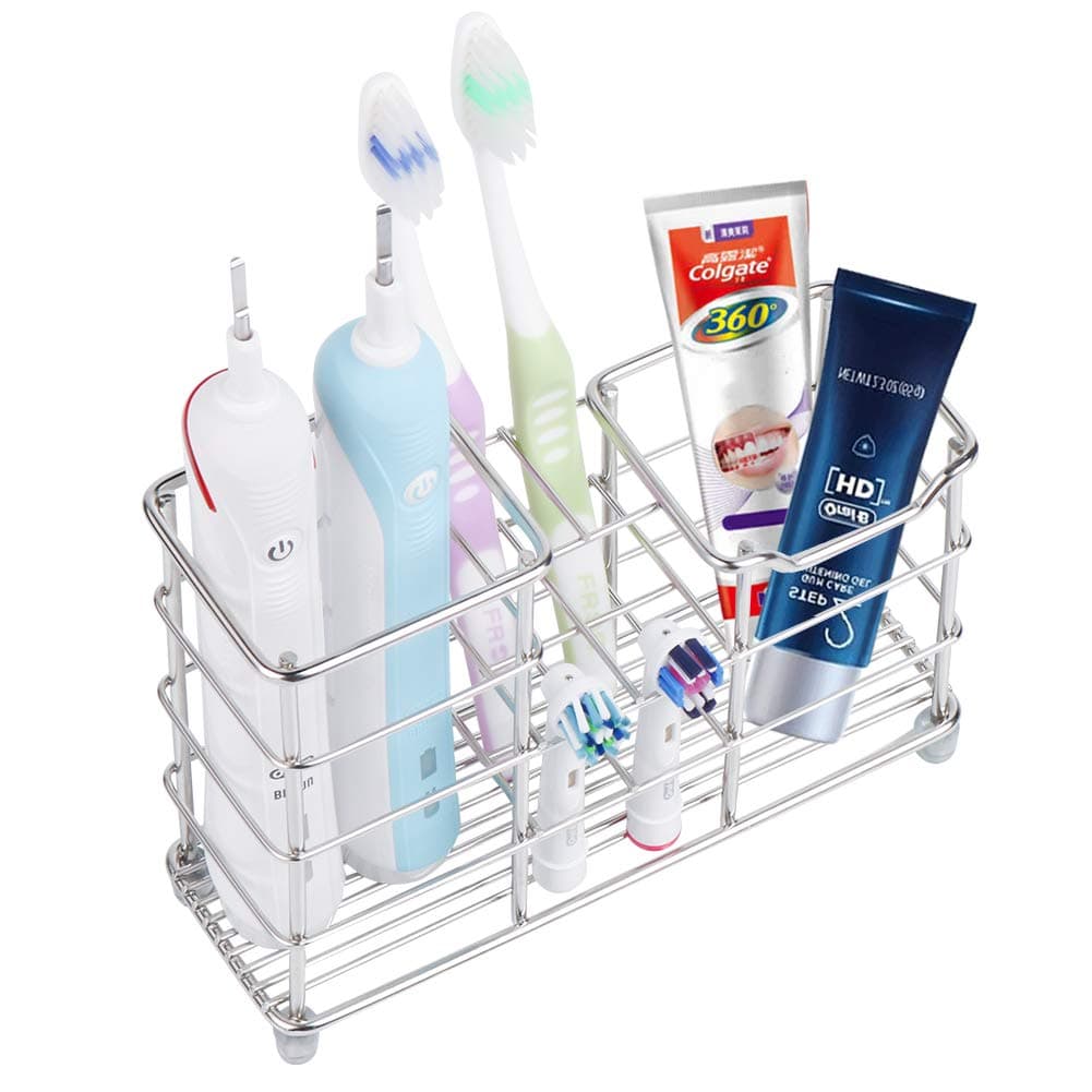 Stainless Steel Toothbrush Holders, Wimaha 6 Slots Large Electric Toothbrush Holder for Bathroom, Toothbrush and Toothpaste Holder with Unique Electric Toothbrush Head Slots, Silver