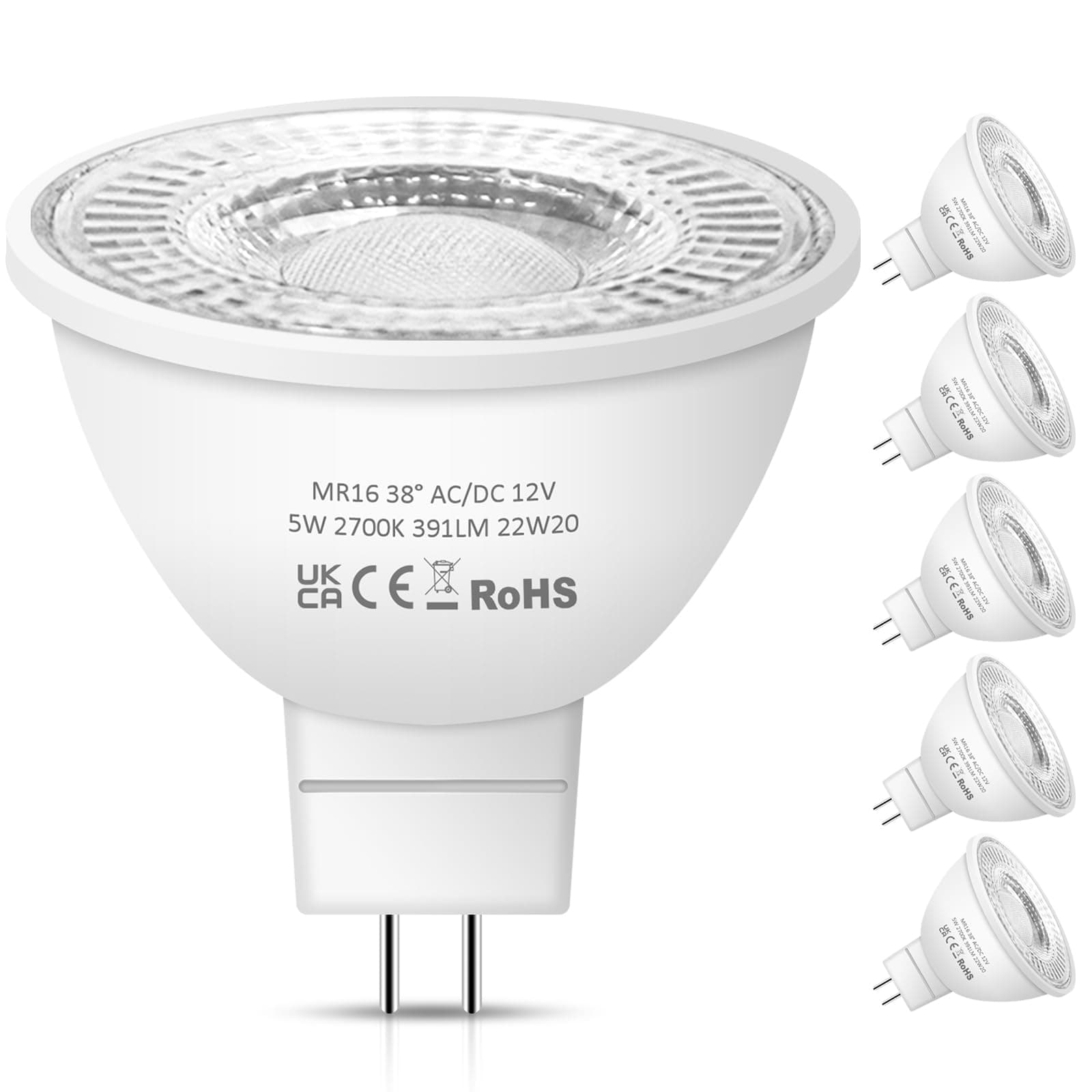 MR16 LED Bulbs, 12V 5W Warm White 2700K 38° Beam Angle LED MR16 for Indoor/Outdoor Landscape, Recessed, Track Lighting, GU5.3 Bi Pin Base, 6 Pack