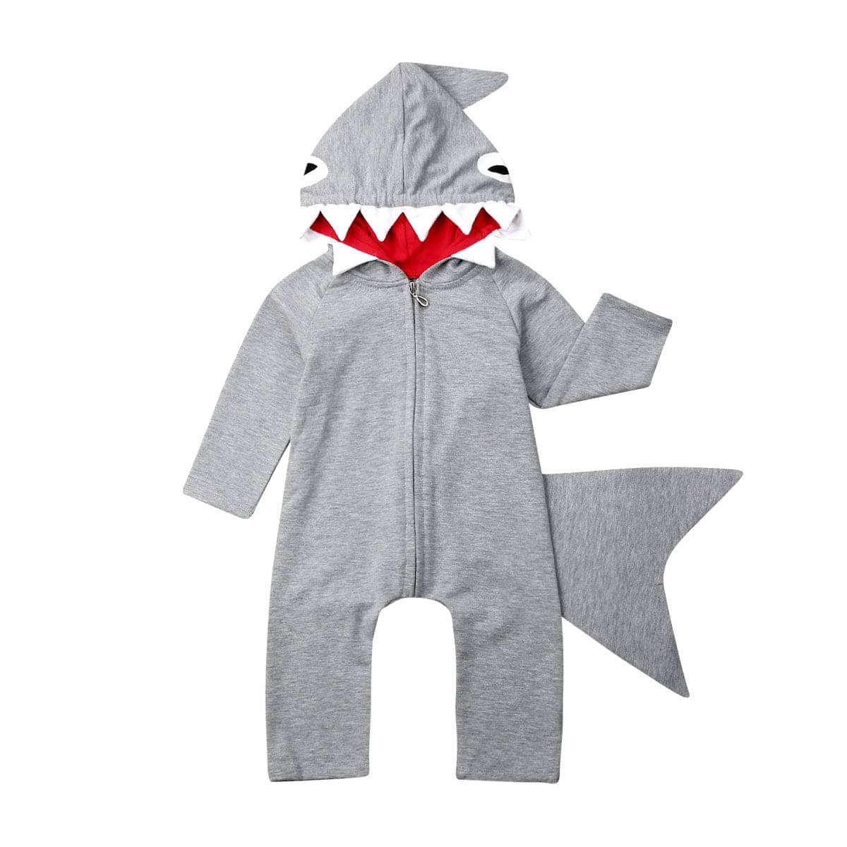 Newborn Infant Kids Boys Girls Cute Cartoon Shark Long Sleeve Zipper Hooded Romper Jumpsuit Top Outfits Clothes
