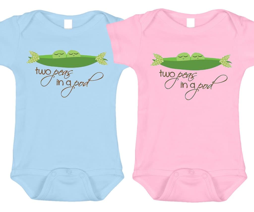 Baby Gift Set for Boy/Girl Twins (Includes 1 Pink + 1 Blue Bodysuit - Two Peas in a Pod, size 3-6 mo)