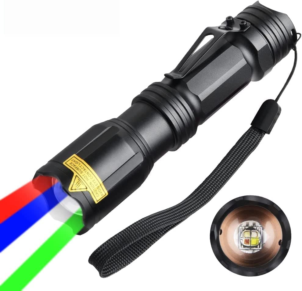 DUCOS 4 Color in 1 Tactical Torch Rechargeable, 2000 Lumens Hand Torch with Red UV Green White Light, Zoomable Waterproof LED Torches with 18650 Battery for Camping Hunting Fishing Hunting