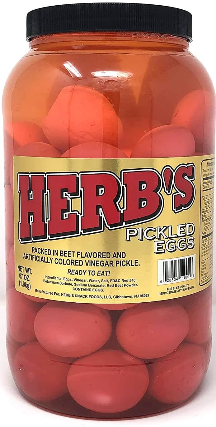 Herb's Packed In Vinegar Red Pickled Eggs, 67 oz, Gallon size plastic jar
