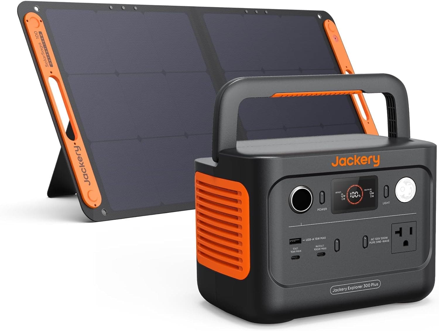 Jackery Solar Generator 300 Plus Portable Power Station with 1X SolarSaga 100W Solar Panel, 288Wh Backup LiFePO4 Battery, 300W AC Outlet for RV, Outdoors, Camping, Traveling, and Emergencies