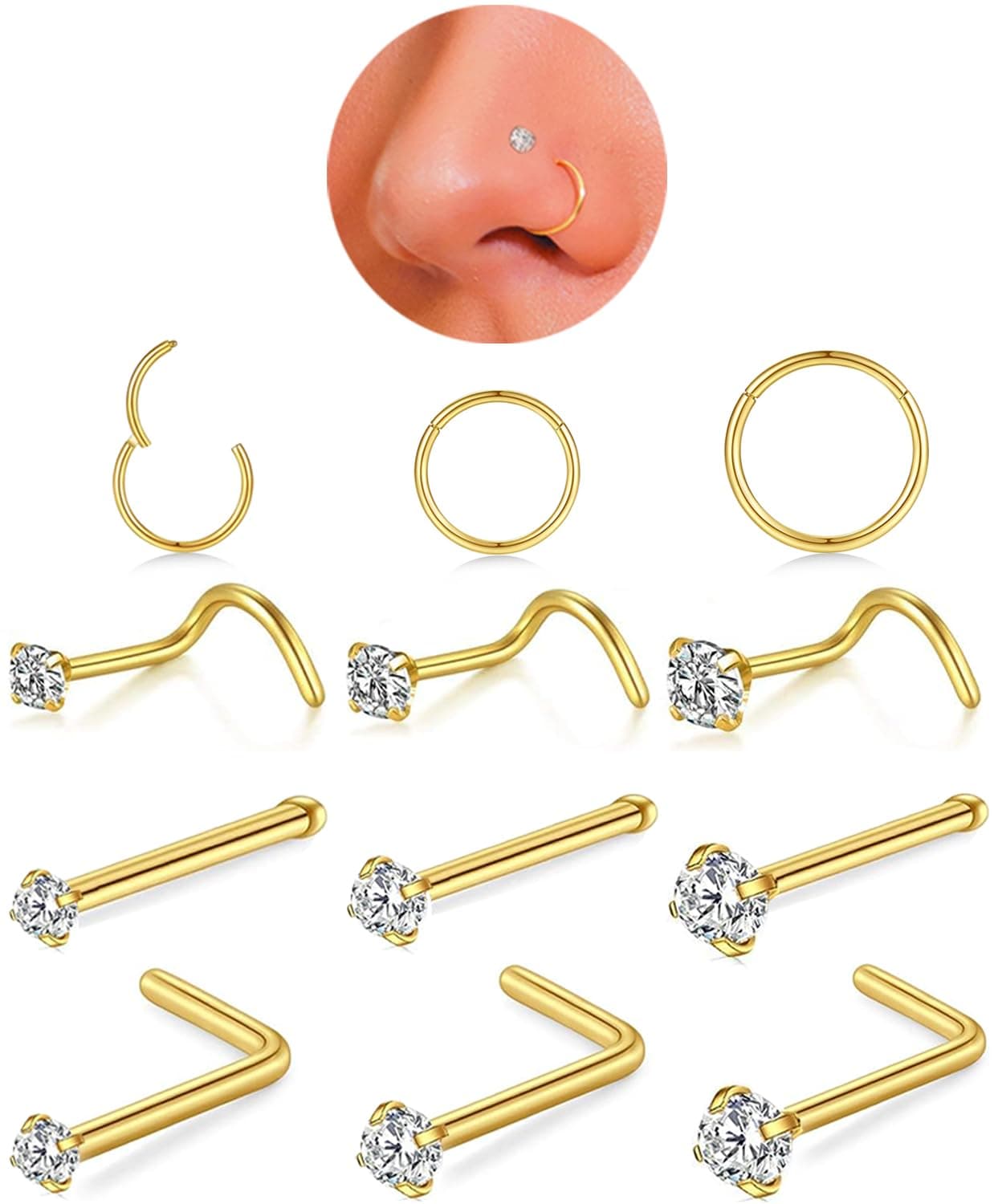 18g Nose Rings Hoop and 20g Nose Studs Sets for Women Men,Hypoallergenic 316L Surgical Stainless Steel Hinged Clicker Segment Nose Rings Hoop Helix Cartilage Daith Tragus Sleeper Earrings Silver Gold