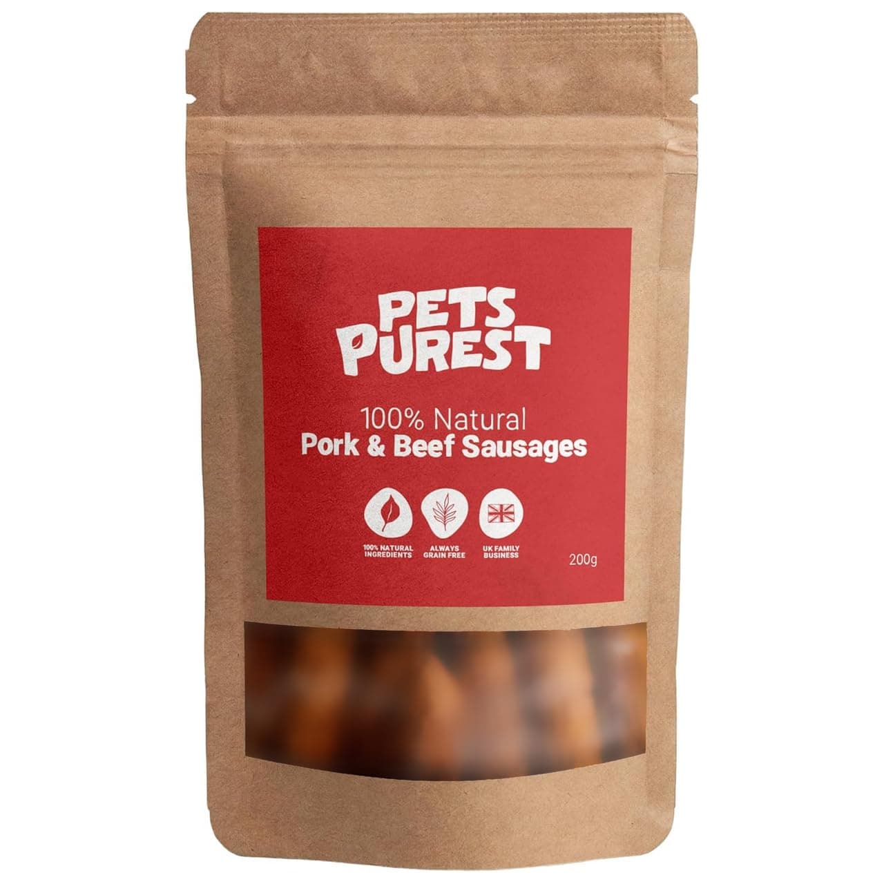 Pets Purest Natural Dog Chews Air-Dried Sausage Treats for Dogs. Just Two Ingredients Pork & Beef. Grain, Gluten & Lactose Free. Delicious Healthy Raw Dog Treat for Dog Puppy Adult Senior (200g)