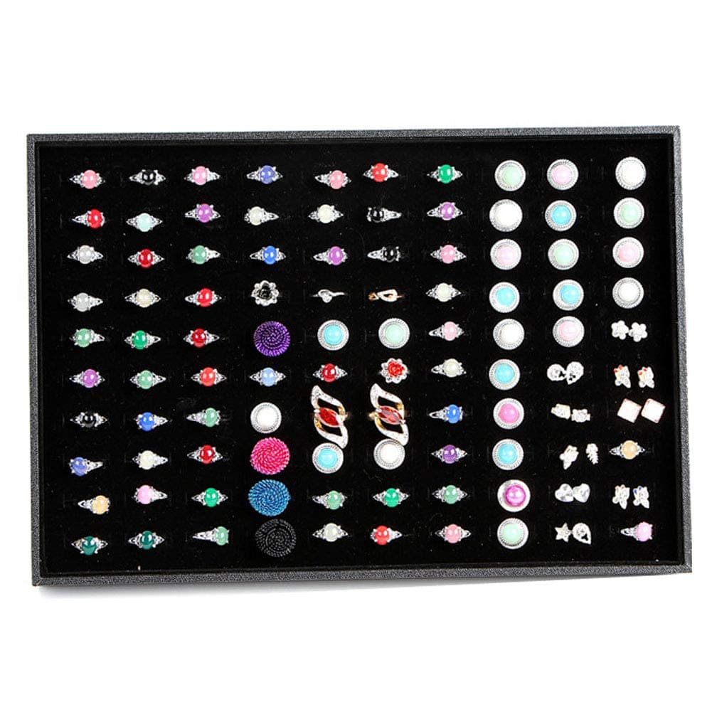 Glitterymall Black Velvet Jewelry Rings Organizer Stud Earrings Display Trays Storage Box Holder with 100 Slots for Woman Girls
