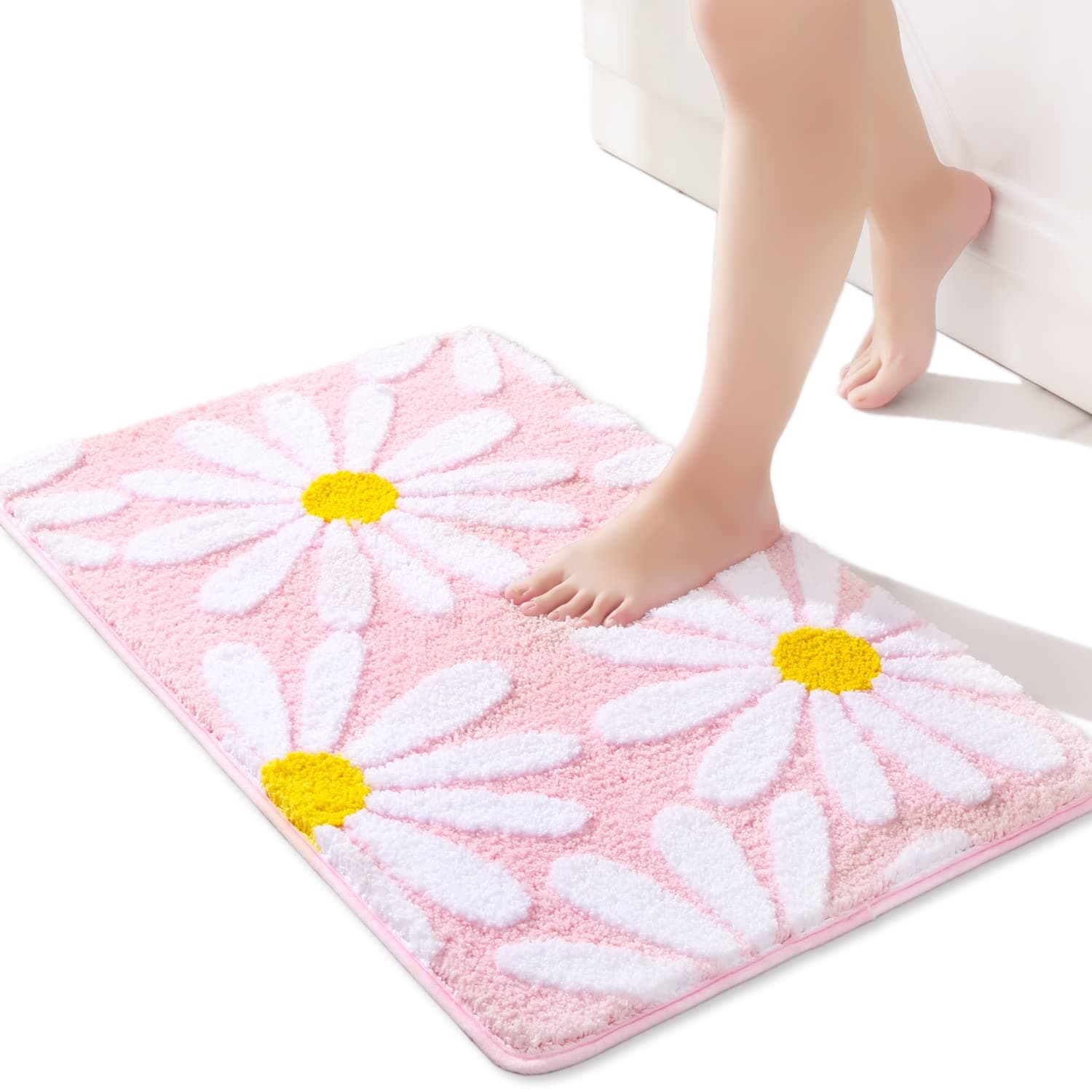 QJHOMO Pink Bathroom Rugs Cute Daisy Bath Mat White and Yellow Flower Decor Rug Non Slip Floor Carpet Microfiber Bathmat Super Absorbent Machine Washable Bathtub Mats for Shower (16x24 inch)