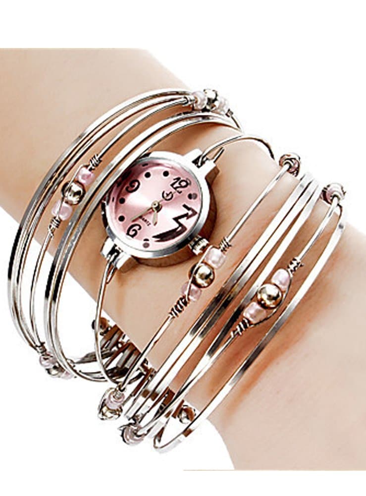 Women's Dress Silver Steel Bracelet Bangle Beads Decoration Wrist Watch