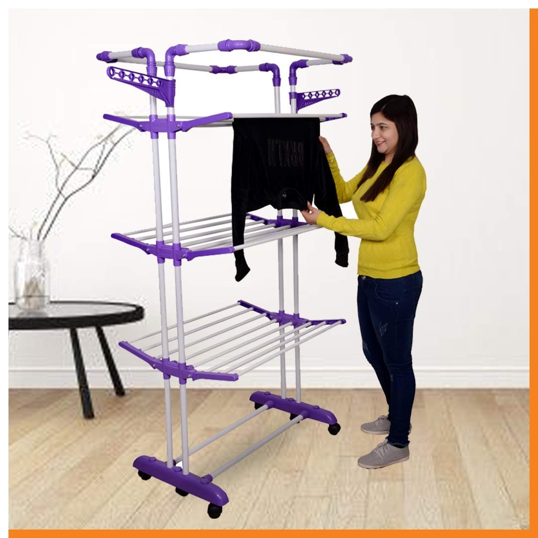 Magna Homewares Heavy Duty Steel 4 Layers 4 Poles Super Grandis Cloth Drying Stand/Clothes Dryer Stands/Laundry Racks/Cloth Drying Hanger for Balcony/Indoor/Outdoor with Wheels-Purple