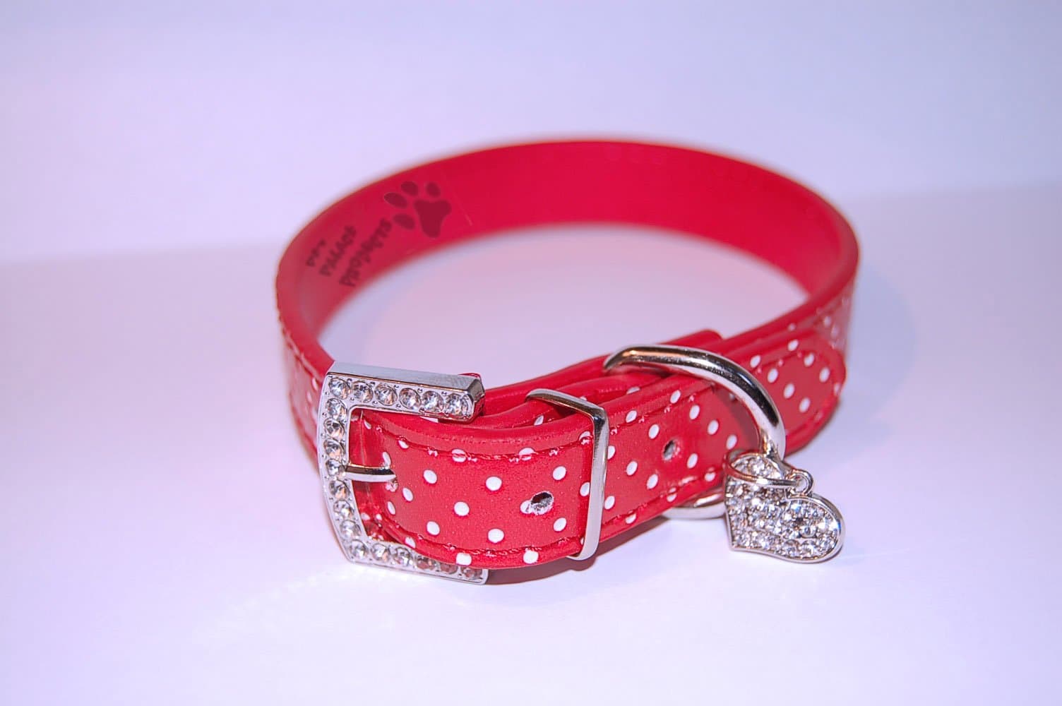 Pet Palace LARGE polka dot Spotty Dog PU RED Leather Dog Puppy Collar with Diamond Buckle and Cute Rhinestone Heart Charm