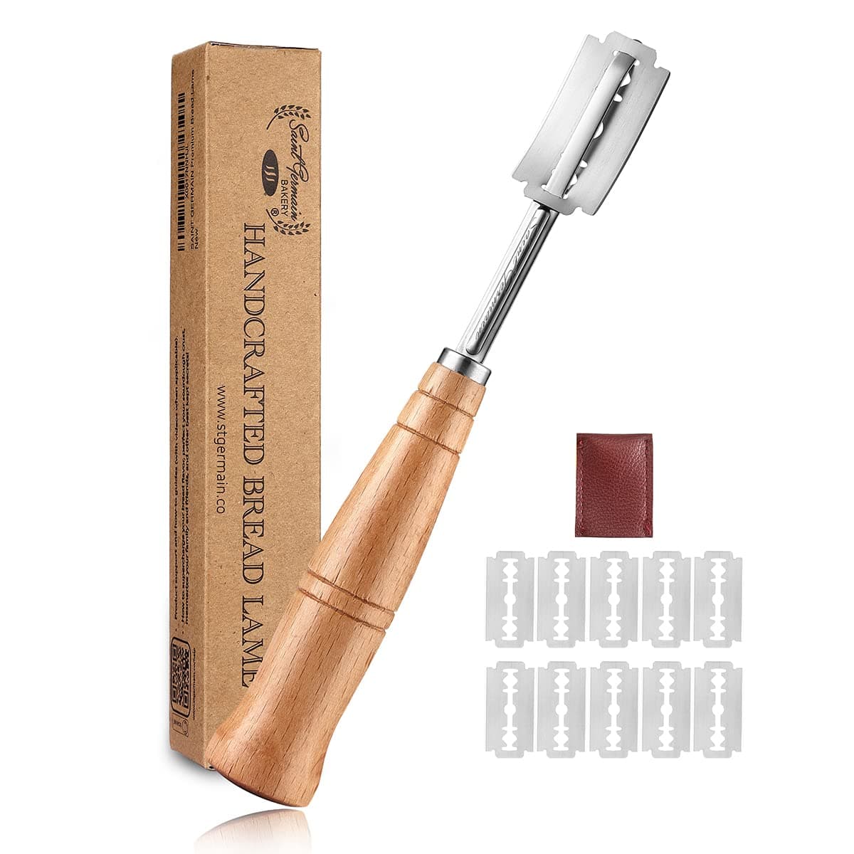 SAINT GERMAIN Premium Hand Crafted Bread Lame with 6 Blades Included - Best Dough Scoring Tool with Authentic Leather Protective Cover