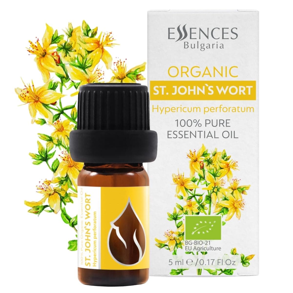 Essences Bulgaria Organic St. John's Wort Essential Oil 1/6 Fl Oz | 5ml | Hypericum perforatum | 100% Pure and Natural | Undiluted | Therapeutic Grade | Family Owned Farm | Steam-Distilled | Non-GMO