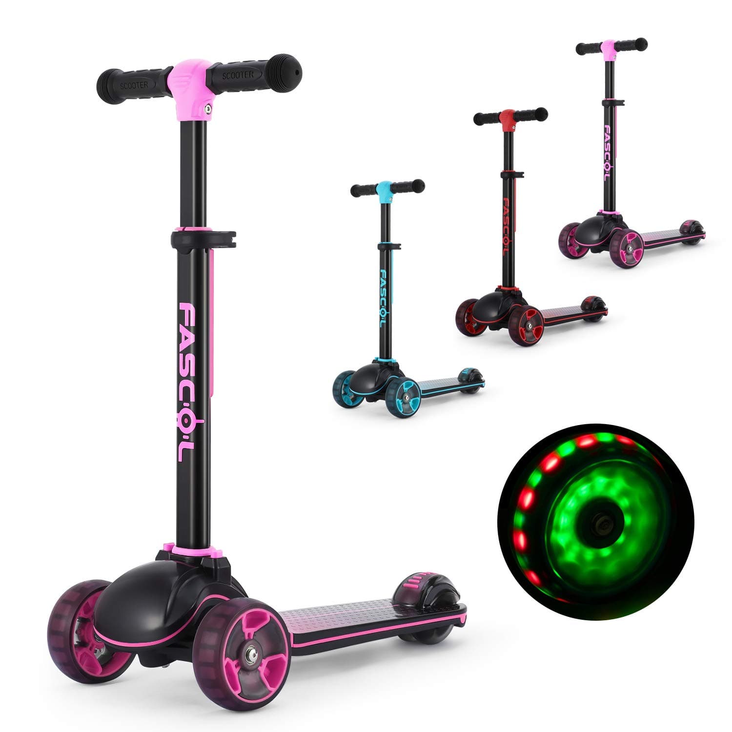Fascol Kids Scooter,3 wheel scooter,Foldable Trike Scooter from 3 to 12 Years Children's Scooter with LED Wheels Scooter for Children with Adjustable Handlebar Maximum Load 60 kg, Pink